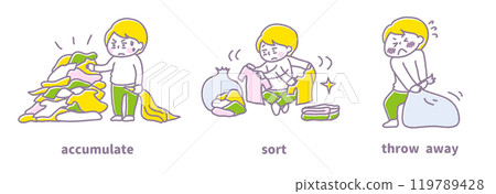 收集無法整理的衣服，整理必要的物品並丟棄不需要的物品的插圖（粉彩） 119789428