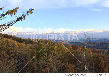 The Tokachi mountain range in Hokkaido in late autumn as the sun sets The Tokachi mountain range in Hokkaido in late autumn as the sun sets 119789454