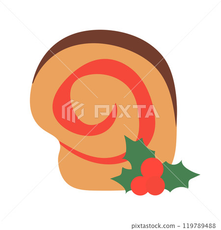 Christmas cake roll with mistletoe. Vector Flat Illustration. 119789488