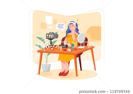 Influencer beauty vlogger apply makeup on youtube 119789548