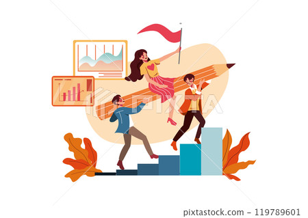 Men carry a woman on a big pencil for teamwork. 119789601