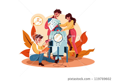 Young business people build mini rocket together - Startup concept 119789602