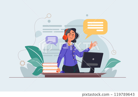 Consultant in headset with paper report Consultant in headset with paper report 119789643