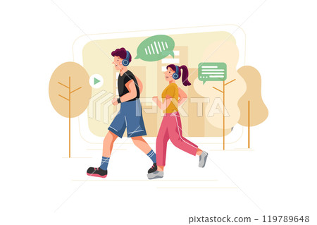 Couple listening to the podcast while jogging in the park. Couple listening to the podcast while jogging in the park. 119789648