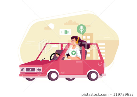 Woman listening to the podcast while driving. Woman listening to the podcast while driving. 119789652