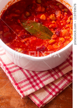 Spicy but not hot, freshly made chili con carne in a pot Spicy but not hot, freshly made chili con carne in a pot 119789676