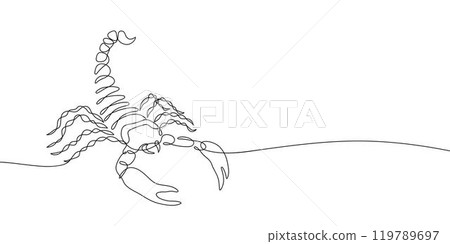 Continuous line drawing of scorpion. Minimalist black linear sketch isolated on white background. Hand drawn vector illustration. 119789697