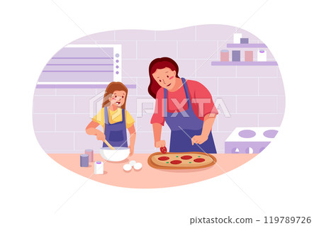 Mother with kids making pizza. Mother with kids making pizza. 119789726