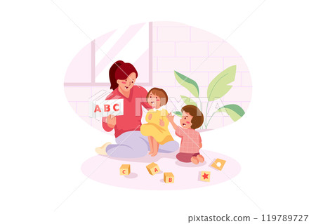 Mother with two kids learning alphabet with flashcards Mother with two kids learning alphabet with flashcards 119789727