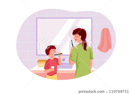 Boy brushing his teeth with toothpaste. 119789731