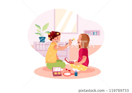 Two little girls playing with beauty toys. Cute kids. Toy women's accessories. Two little girls playing with beauty toys. Cute kids. Toy women's accessories. 119789733