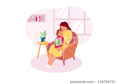 Mother mum reading fairy tale book to baby child daughter at home. 119789735
