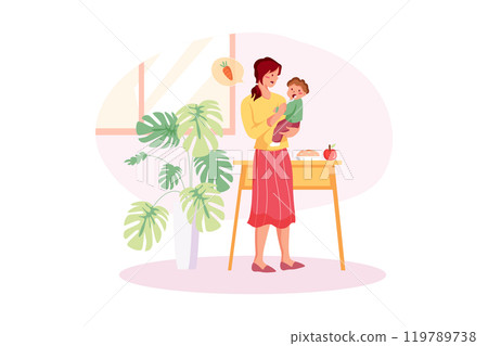 Mom feeding baby boy. Healthy food 119789738