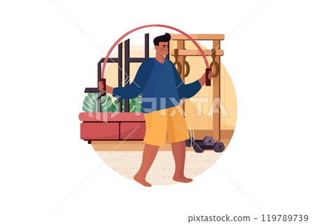 Man jumping with skipping rope at home gym 119789739