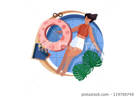 Young woman swimming backstroke in home pool 119789748