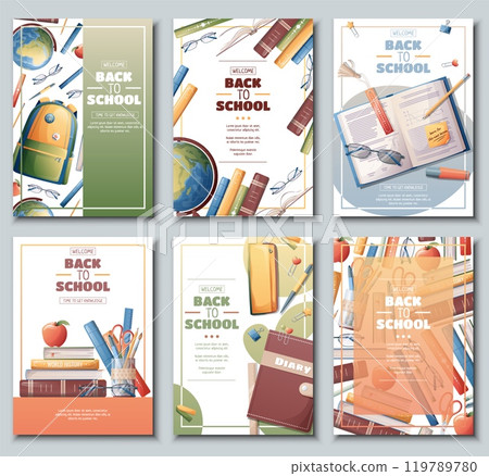 Set of school banners, flyers with backpack, globe, books. Back to school, teachers day, love of knowledge. Background, poster with school supplies. 119789780