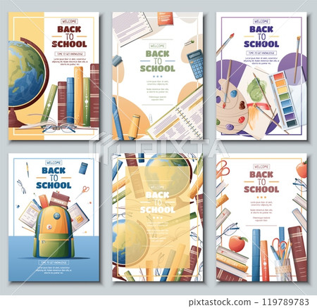Set of school banners, flyers with backpack, globe, books. Back to school, teachers day, love of knowledge. Background, poster with school supplies. 119789783