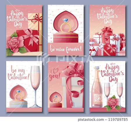 Set of cards for Happy Valentines Day. Roses, gifts, champagne, wedding ring. Festive bright postcard, love creative concept. A4 vector illustration for banner, poster, card, postcard 119789785