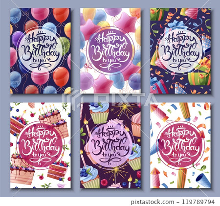 Set of birthday greeting card design. Banner, flyer with cupcakes, balloons, gifts fireworks and serpentine. Happy birthday. Invitation design for holiday, anniversary, party. Set of birthday greeting card design. Banner, flyer with cupcakes, balloons, gifts fireworks and serpentine. Happy birthday. Invitation design for holiday, anniversary, party. 119789794