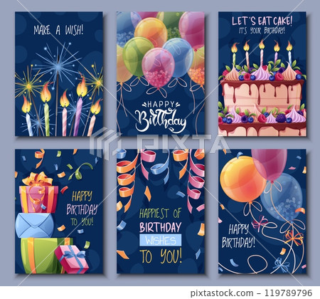 Set birthday greeting card design. Banner, flyer template with colorful balloons, a bunch of gifts, cake, candles, sparkler, confetti and serpentine.. Happy birthday. Invitation design for holiday, 119789796