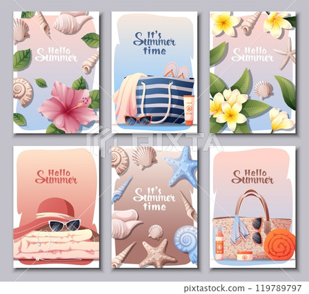 Set of summer postcards. Hello summer, beach vibe. Beach accessories, bag, sunscreen, sunglasses. Summer background with tropical plants and marine life. Set of summer postcards. Hello summer, beach vibe. Beach accessories, bag, sunscreen, sunglasses. Summer background with tropical plants and marine life. 119789797