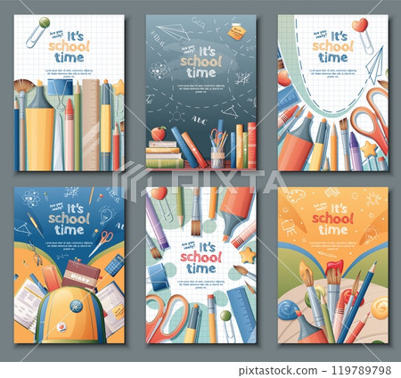 School banners set. Back to school, knowledge, education. Postcard with school board and chalk lettering, textbooks and stationery. Pen, ruler, pencils, paper clips located on the background. 119789798