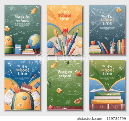 School banners set. Back to school, knowledge, education. Postcard with school board and chalk lettering. Posters with school textbooks, books, backpack, paints. Vector set of a4 size flyers 119789799