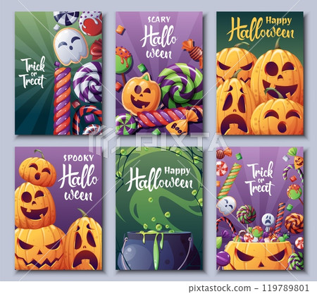 Set of vector greeting cards for Halloween. Trick or treat. Witch cauldron poster. Banner with funny pumpkins and sweets. Set of vector greeting cards for Halloween. Trick or treat. Witch cauldron poster. Banner with funny pumpkins and sweets. 119789801