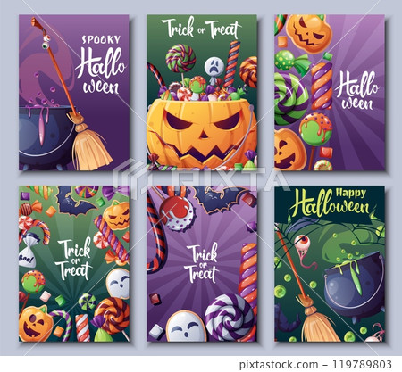 Set of vector greeting cards for Halloween. Trick or treat. Witch cauldron poster. Banner with pumpkin filled with sweets, cookies, candies 119789803