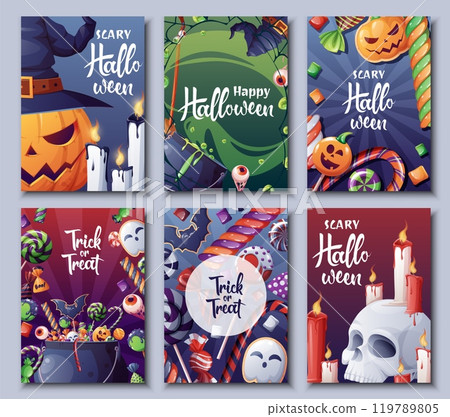 Set of vector greeting cards for Halloween. Witch s cauldron, scary pumpkins, broom, skull, candles, candies. Illustration for postcards, invitations, banners, posters. Set of vector greeting cards for Halloween. Witch s cauldron, scary pumpkins, broom, skull, candles, candies. Illustration for postcards, invitations, banners, posters. 119789805