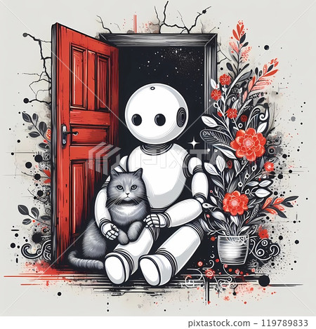 A white ai robot sits hugging a gray cat at an old door. 119789833