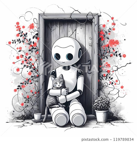 A white ai robot sits hugging a gray cat at an old door. 119789834