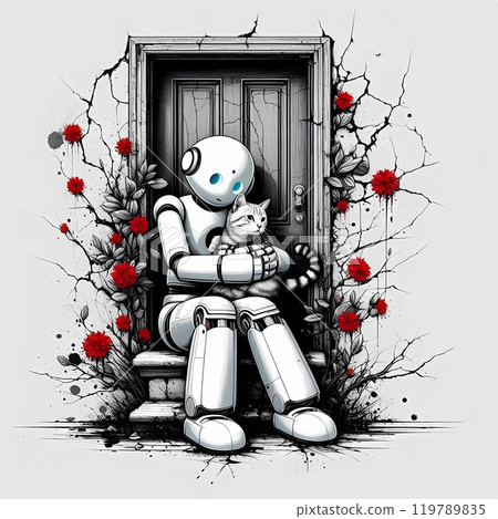 A white ai robot sits hugging a gray cat at an old door. A white ai robot sits hugging a gray cat at an old door. 119789835