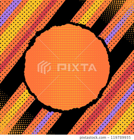 Bright retro pop art style background with torn paper round shape, stripes and polka dot pattern. Vector illustration 119789935