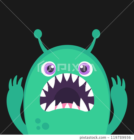 Cute cartoon green monster with big mouth and fangs. Funny monster face in childish style on black background. Vector illustration 119789936
