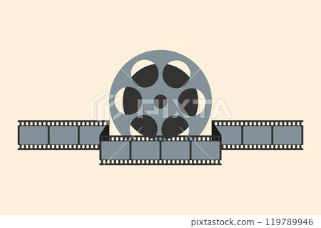 Retro cinema emblem with film reel wrapped in movie filmstrip. Vector illustration 119789946