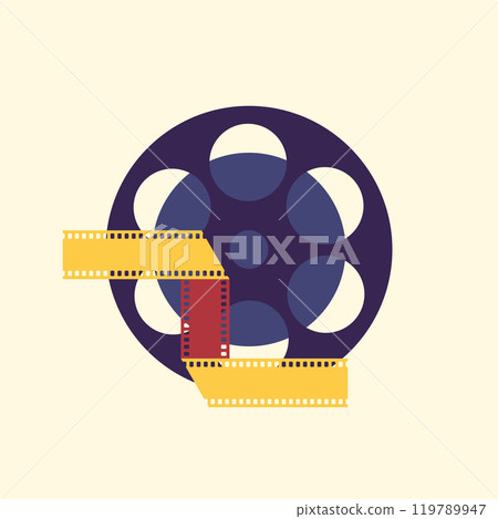 Movie film emblem with film reel and folded film strip. Movie film concept. Retro style. Vector illustration 119789947