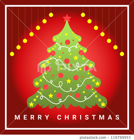Merry Christmas greeting card with frame decorated with Christmas balls and Christmas tree. Vector illustration 119789955