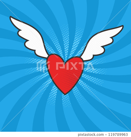 Flying red heart with white wings on blue rays background. Angel heart in pop art style. Vector illustration 119789963