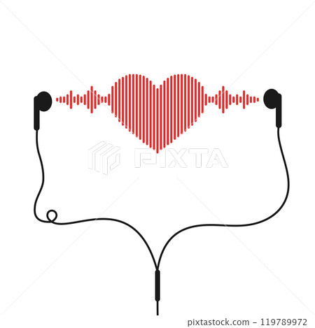 Sound wave heart shape in earphones. Music emblem isolated on white background. Music equalizer. Vector illustration Sound wave heart shape in earphones. Music emblem isolated on white background. Music equalizer. Vector illustration 119789972