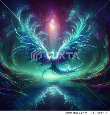 A phoenix digital artwork emerges from the depths of a mysterious forest. 119789994