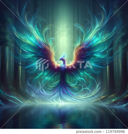 A phoenix digital artwork emerges from the depths of a mysterious forest. 119789996