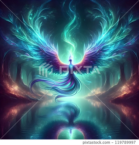A phoenix digital artwork emerges from the depths of a mysterious forest. 119789997