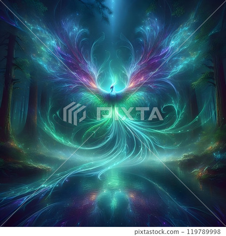 A phoenix digital artwork emerges from the depths of a mysterious forest. 119789998