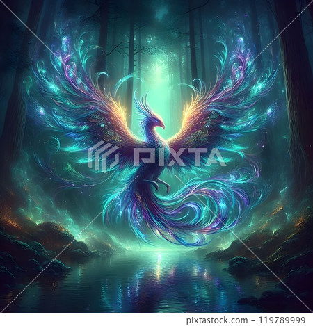 A phoenix digital artwork emerges from the depths of a mysterious forest. 119789999