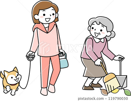 A senior woman exchanging greetings and a young woman walking a dog A senior woman exchanging greetings and a young woman walking a dog 119790030