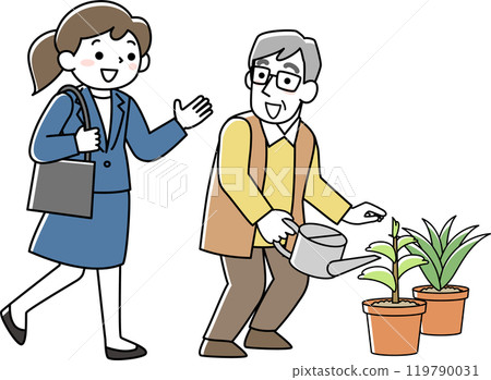 一位老人和一位看起來像上班族的年輕女子互相問候 119790031