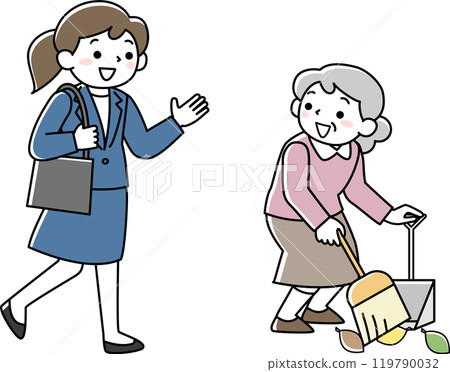 一位資深女性和一位年輕上班族般的女性互相問候 一位資深女性和一位年輕上班族般的女性互相問候 119790032