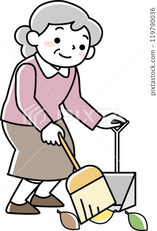 Senior woman sweeping fallen leaves Senior woman sweeping fallen leaves 119790036