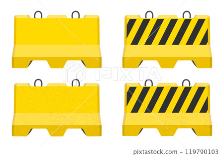 Realistic concrete road barrier icon symbol set. Yellow and black Traffic concrete barricades sign collection. Vector illustration image. Isolated on white background. 119790103